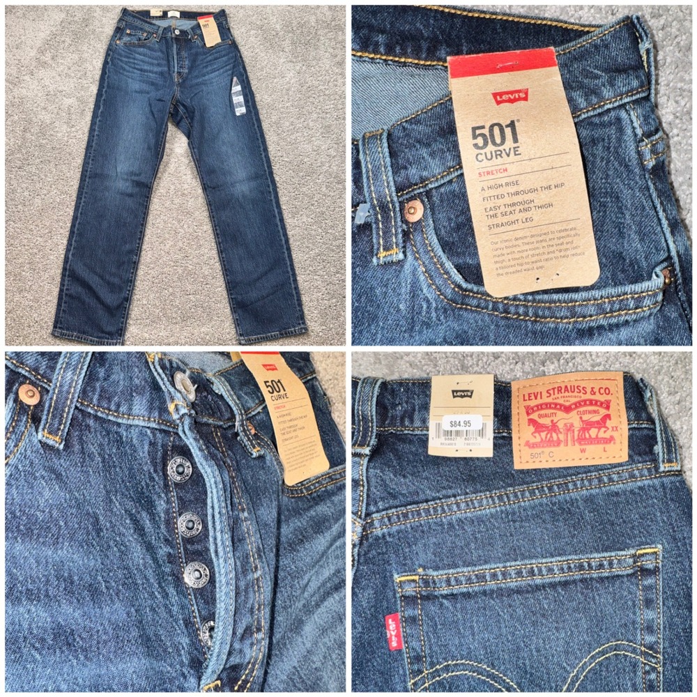 Levis 501 Curve Straight Leg Jeans Womens Stretch Dark Wash 29x30 NEW